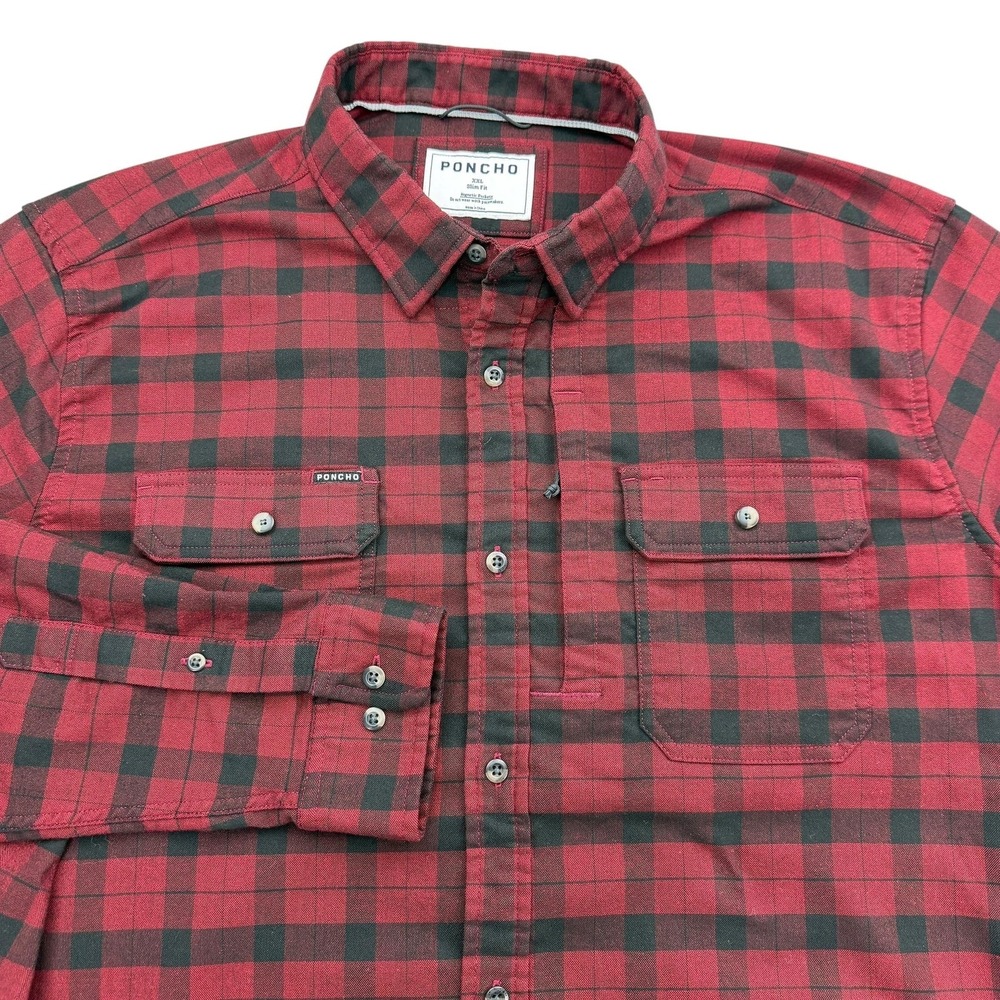 PONCHO Shirt Mens 2XL Red Long Sleeve Button Up Polyester Slim Fit Plaid Casual
